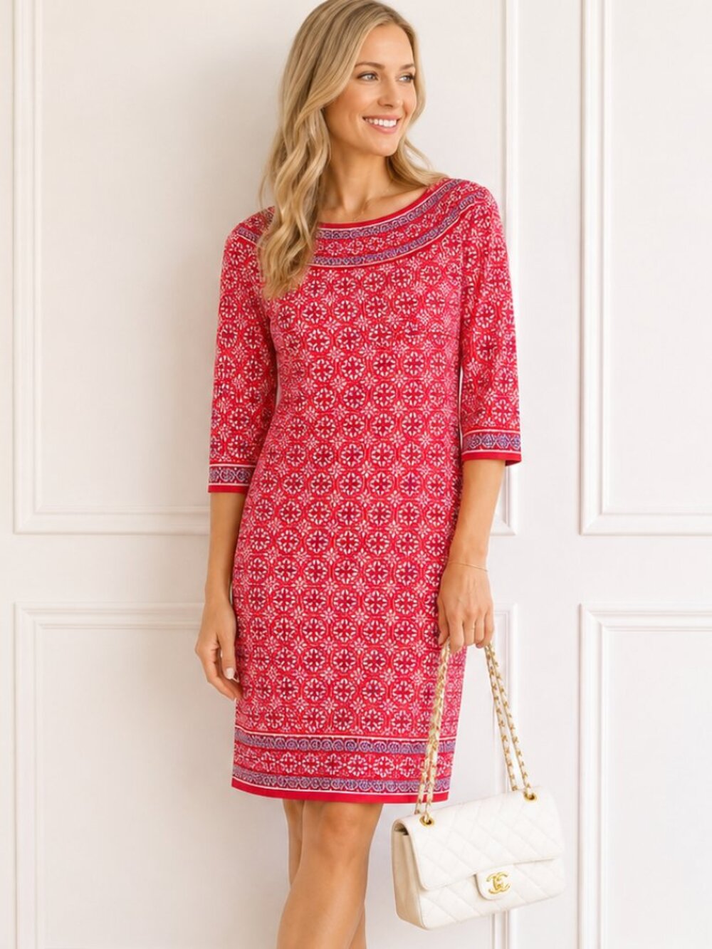 Max Studio Red Medallion Print Sheath Dress Small Stretch Knit 3/4 Sleeve S